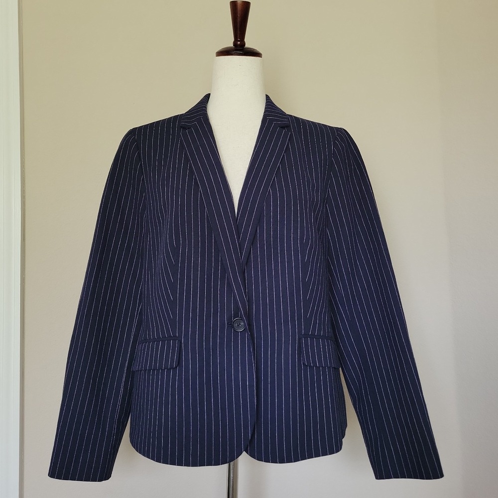 Talbots Womens Blue Blazer Size 12 Pinstripe Career One Button Cotton Blend